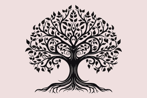 Silhouet van boom en wortel geïsoleerd op witte achtergrond boom en wortels LOGO-stijl