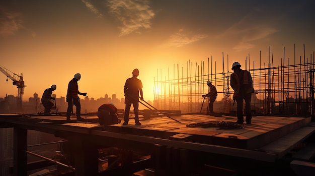 silhouet van bouwvakkers op de bouwplaats bij zonsondergang Dag van de arbeid achtergrond