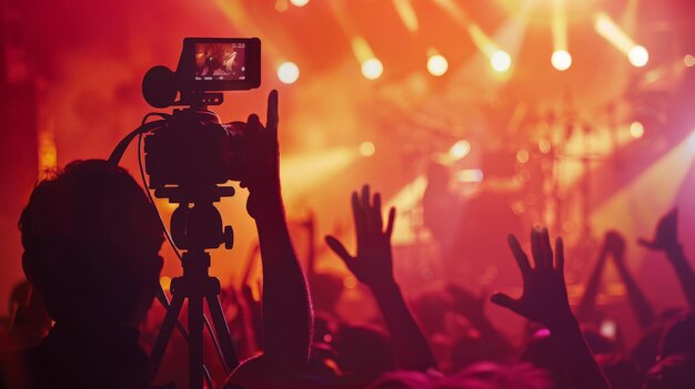 Foto silhouet van cameraman operator schiet een live rock concert fans rond opgeheven handen