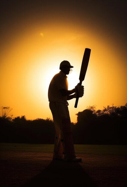 Foto silhouet van cricketspeler op cricketveld gemaakt met behulp van generatieve ai-technologie