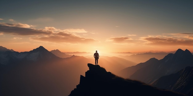 Silhouet van de mens die bergen beklimt wandelen vrijheid en reisconcept Zonsondergang Generatieve Ai