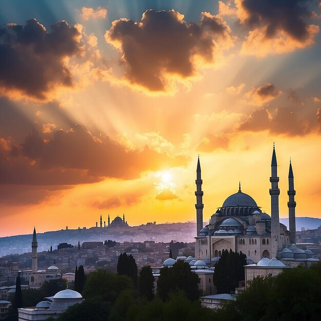 Silhouet van de Suleymaniye-moskee bij zonsondergang met dramatische wolken Ramadan of islamitische conceptfoto