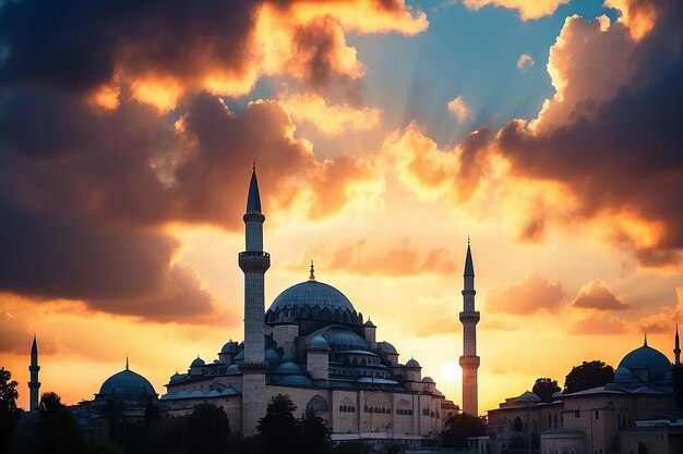 Silhouet van de Suleymaniye-moskee bij zonsondergang met dramatische wolken Ramadan of islamitische conceptfoto