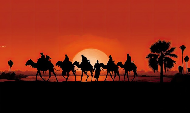 Silhouet van de wijzen op kamelen bij zonsondergang
