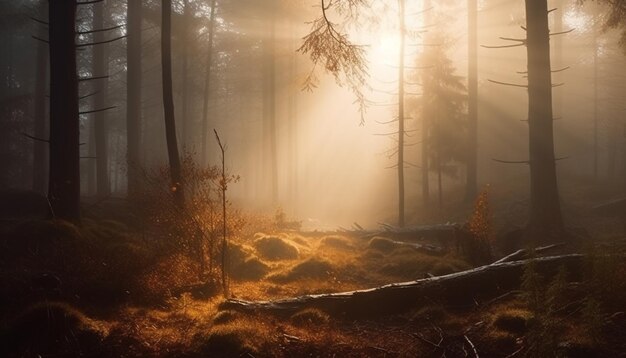 Silhouet van dennenboom in rustige wildernis bij zonsopgang gegenereerd door AI