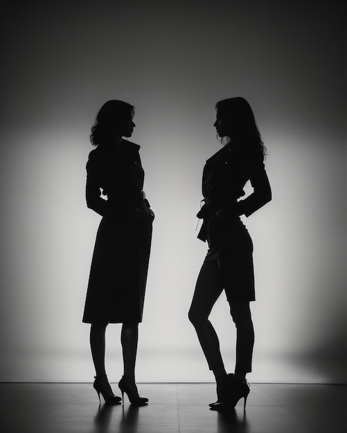 Foto silhouet van drie vrouwen in zwart-witte jurken studio opgenomen ai generatief