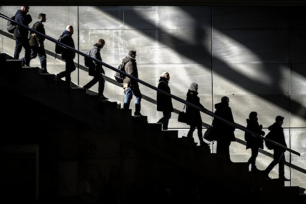 silhouet van drukke mensen die de trap op en neer lopen