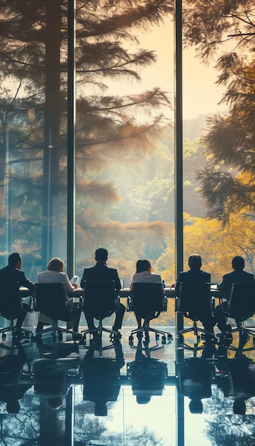 Foto silhouet van een bedrijfsteamvergadering bij zonsondergang