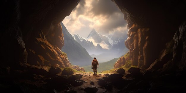 Silhouet van een bergbeklimmer voor de ingang van een grot in de bergen