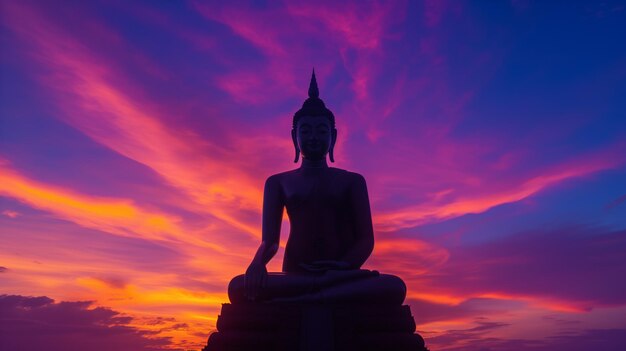 Silhouet van een Boeddhastatue tegen een levendige zonsondergang met dramatische wolken