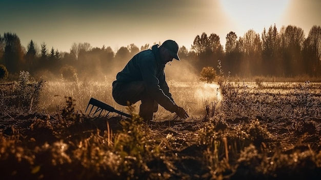 Foto silhouet van een boer die hard werkt om de oogst rijp te maken