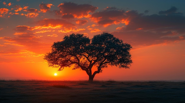 Silhouet van een boom bij zonsopgang