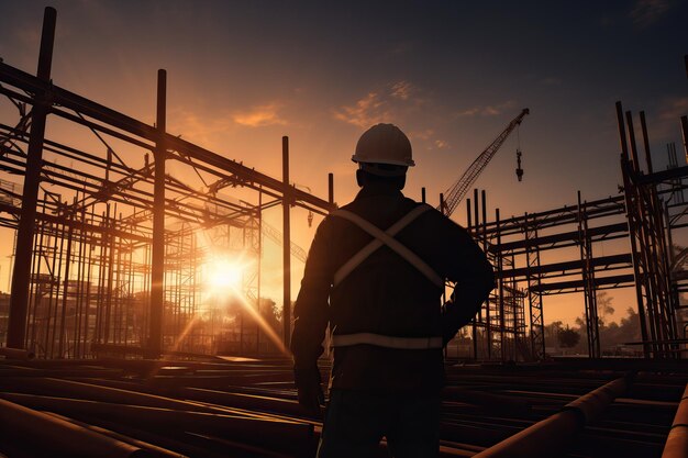 Foto silhouet van een bouwvakker die een project inspecteert op de achtergrond van een bouwplaats bij zonsondergang