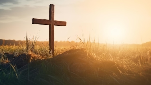 Silhouet van een christelijk kruis op een grasgrond met een schitterende zonsopgang op de achtergrond