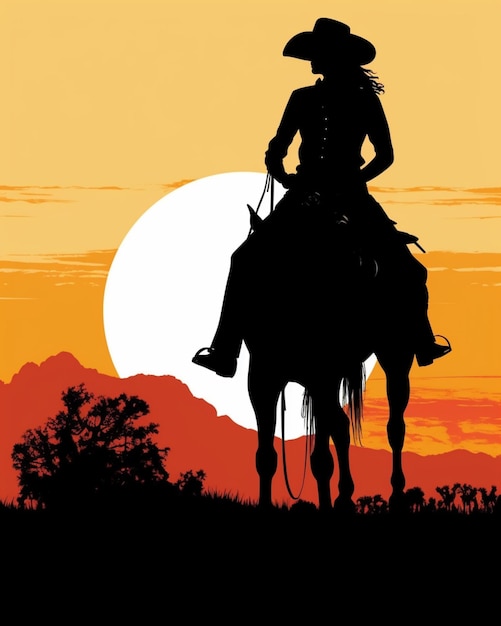 silhouet van een cowboy op een paard in de zonsondergang generatieve ai
