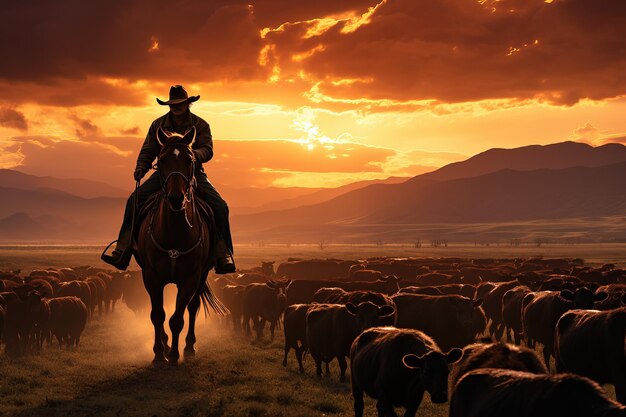 Foto silhouet van een cowboy tijdens de distillatie van de kudde man op paard in de zon bij zonsondergang