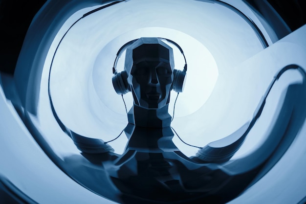 Silhouet van een cyber digitaal hoofd in een koptelefoon als dj. Cyber digitaal Audiophilia geluids- en muziekconcept