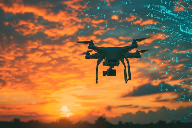 Silhouet van een drone tegen een techno-circuit hemel AI gegenereerd