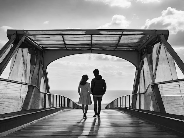 Silhouet van een echtpaar Man en vrouw op de brug Zwart-wit beeld