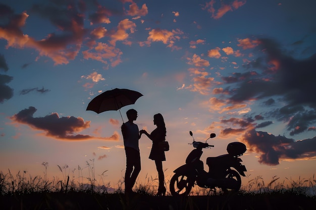 Silhouet van een echtpaar met paraplu en scooter op zonsondergang achtergrond