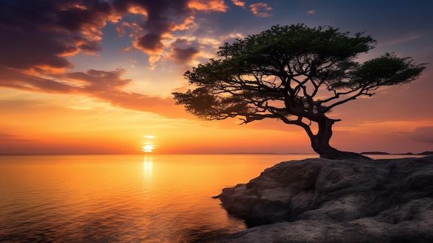 Silhouet van een eenzame boom bij zonsondergang