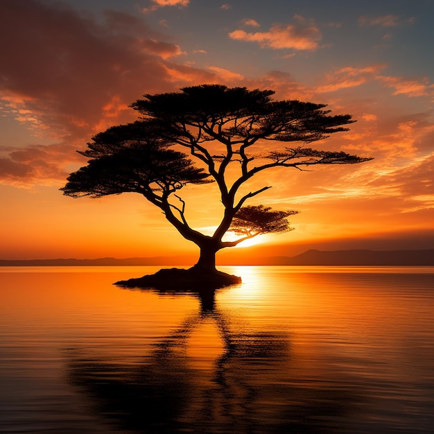 Silhouet van een eenzame boom bij zonsondergang
