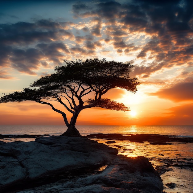 Silhouet van een eenzame boom bij zonsondergang