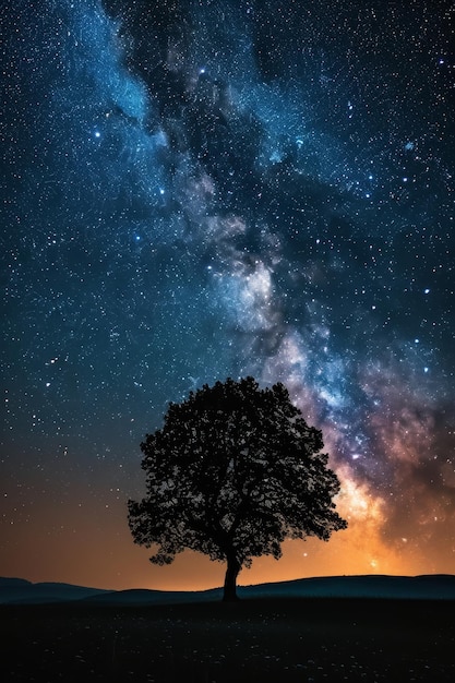 Silhouet van een enkele boom tegen een betoverende sterrenrijke nachtelijke hemel