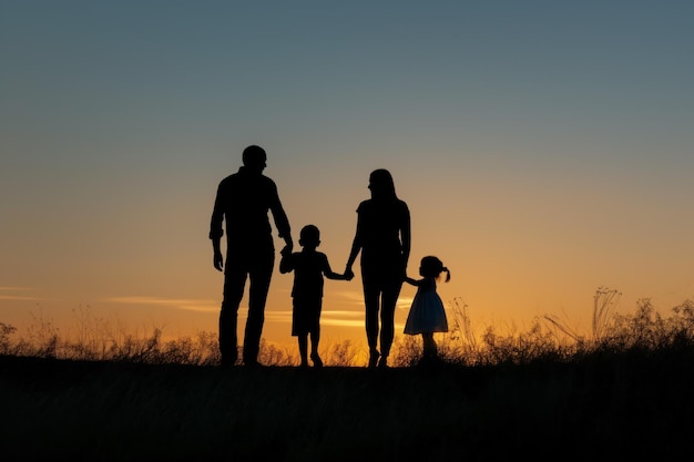 Silhouet van een familie die hand in hand is in de schemering
