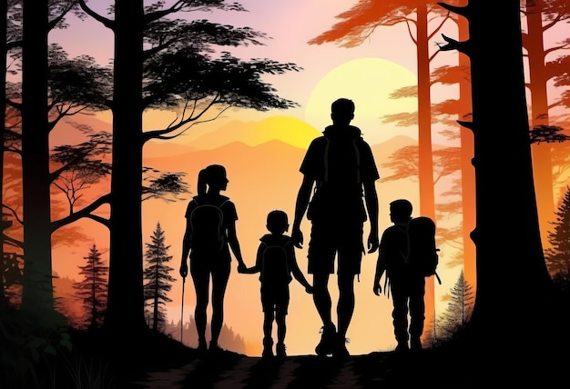 Silhouet van een familie die op wandeling gaat Gezinswaarden vakantie levensstijl banner poster