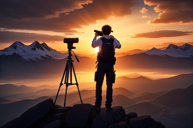 Silhouet van een fotograaf die een zonsondergang in de bergen fotografeert