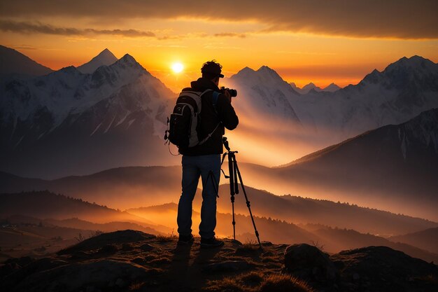 Silhouet van een fotograaf die een zonsondergang in de bergen fotografeert