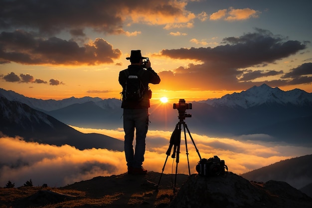 Silhouet van een fotograaf die een zonsondergang in de bergen fotografeert