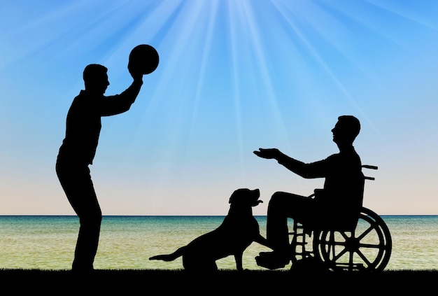 Silhouet van een gehandicapte man in een rolstoel die een bal speelt met een vriend aan de zeekust en een hond. het concept van leuk tijdverdrijf voor mensen met een handicap