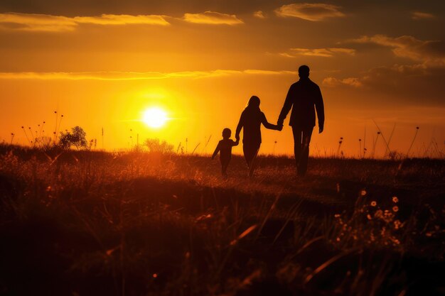 Foto silhouet van een gelukkig gezin dat bij zonsondergang in de weide loopt