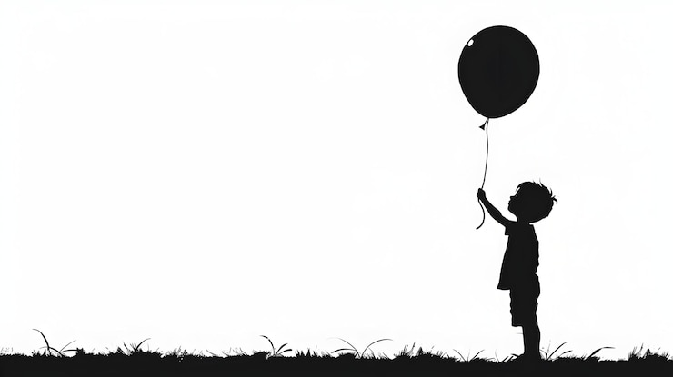Foto silhouet van een glimlachend kind met een feestelijke ballon op een minimalistische achtergrond