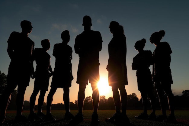 Silhouet van een groep atleten die samen staan, gecreëerd met generatieve AI