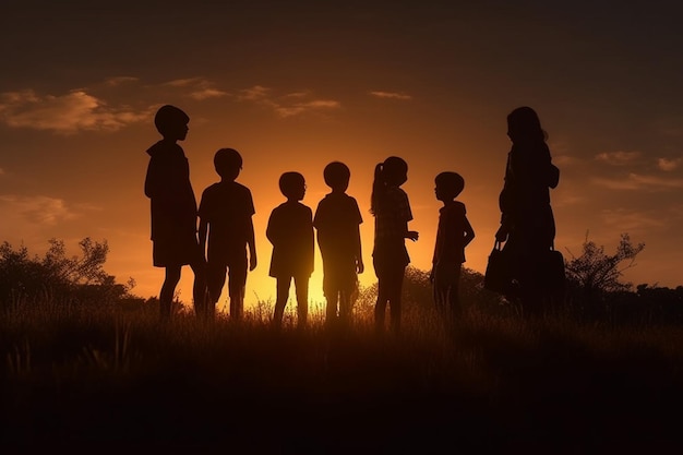 Silhouet van een groep kinderen die in het veld staan bij zonsondergang generatieve ai