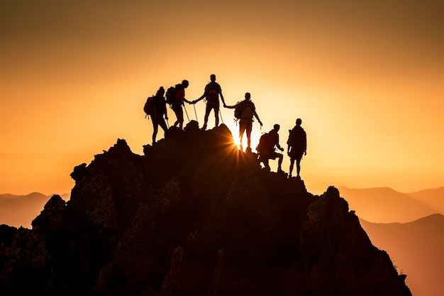 Silhouet van een groep klimmers die de top bereiken die teamwerk Ai heeft gegenereerd