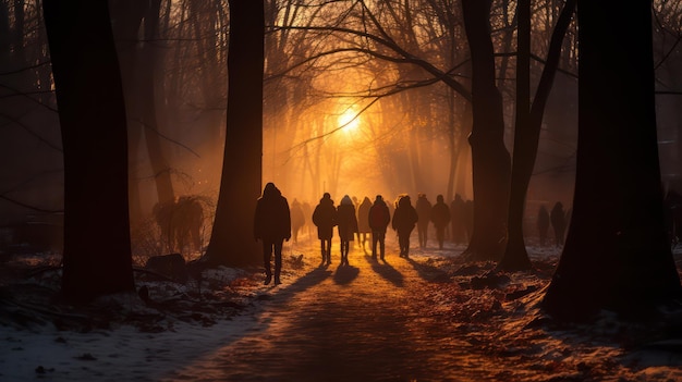 Silhouet van een groep mensen die bij zonsondergang in het winterwoud lopen