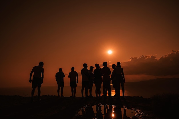 Silhouet van een groep mensenvrienden tegen de achtergrond van een oranje avondrood boven zee