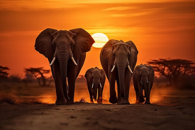silhouet van een groep olifanten die in de savanne lopen in Afrika bij zonsondergang met een reusachtige zon