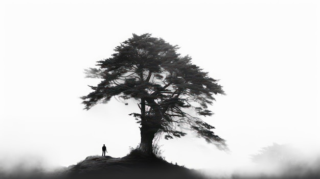 Foto silhouet van een grote boom in de stilte van een mistig bos