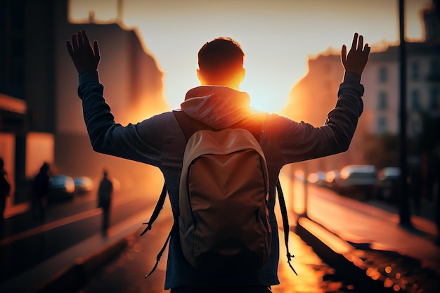 Silhouet van een grote hand in de zonsondergang op de stadsstraat AI Genereren