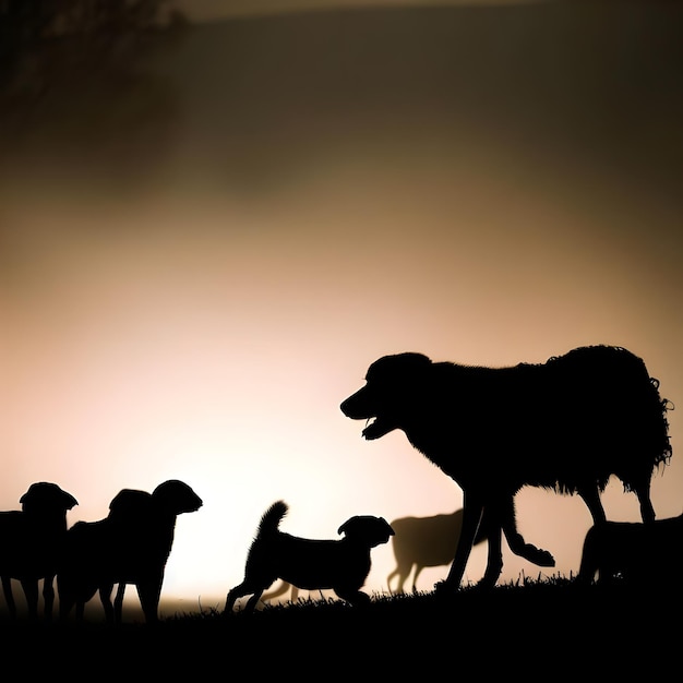 Silhouet van een hond die een kudde schapen hoedt