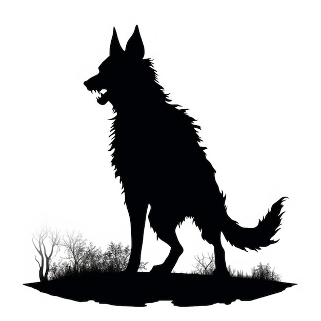 silhouet van een hond die op een heuvel staat met bomen op de achtergrond generatieve ai