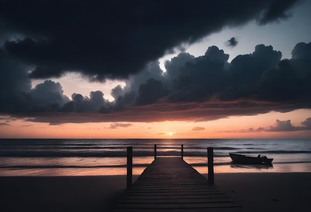 Silhouet van een houten pier en een kleine boot op een strand tijdens zonsondergang met donkere wolken in de lucht