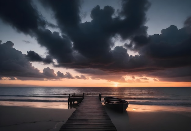 Silhouet van een houten pier en een kleine boot op een strand tijdens zonsondergang met donkere wolken in de lucht