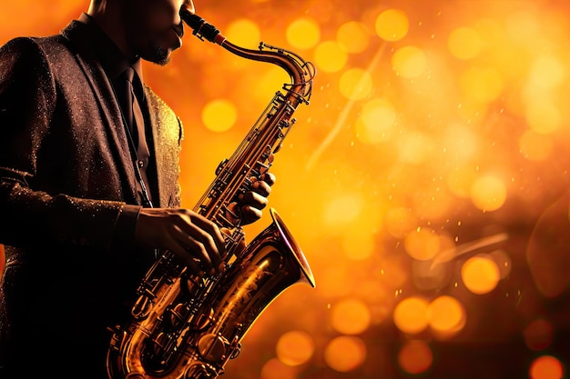 Silhouet van een jazzmuzikant die een tenorsaxofoon speelt