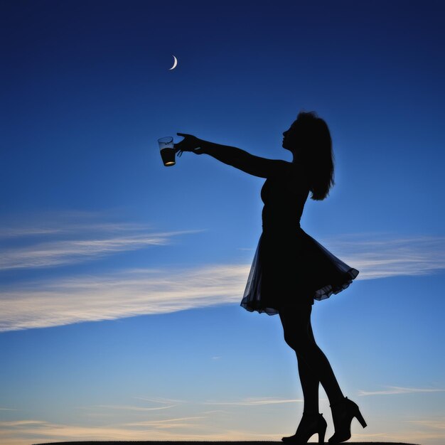 silhouet van een jong mooi meisje in een zwarte jurk met een glas bier op een achtergrond van s